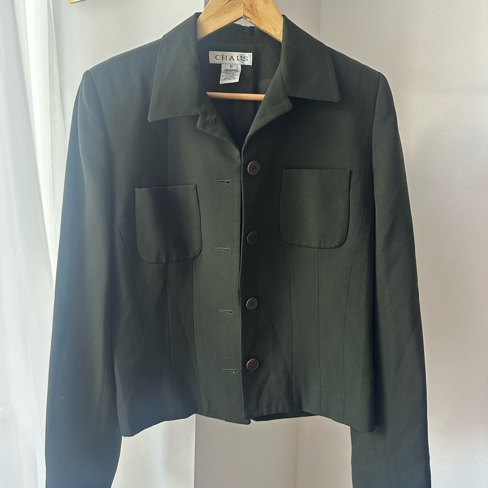 Vintage 90s Women's Utilitarian Hunter Green Button-Up Boxy Shacket Blazer Small